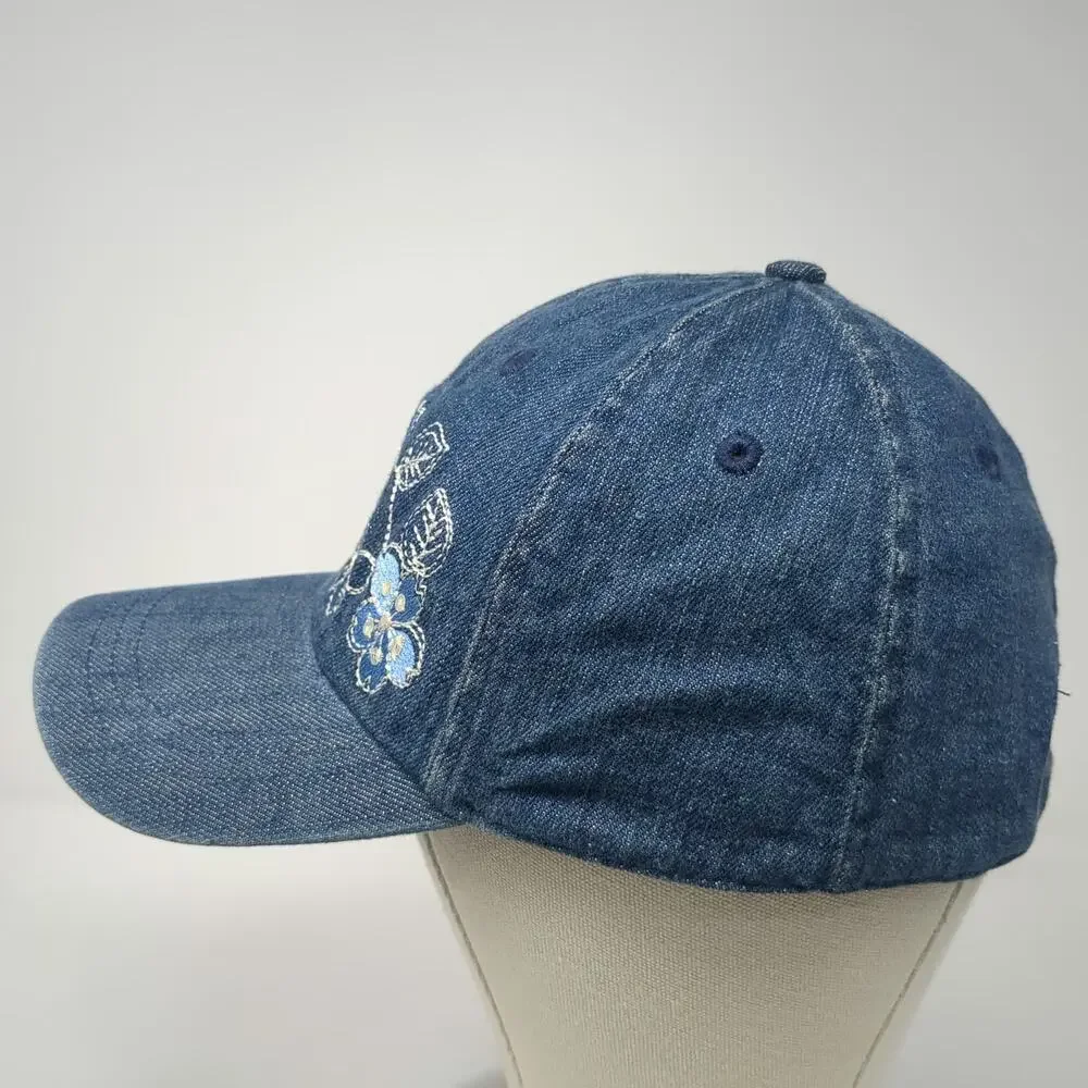 Blue Baseball Cap One Size Denim Floral Embroidered Flower Adjustable Strap Hat